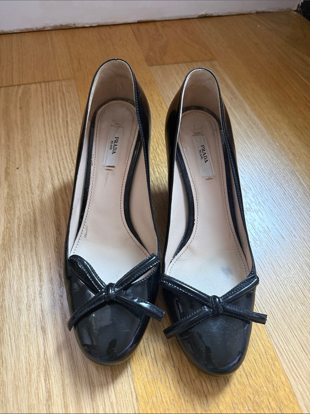 Prada Black Patent Leather Bow Flats